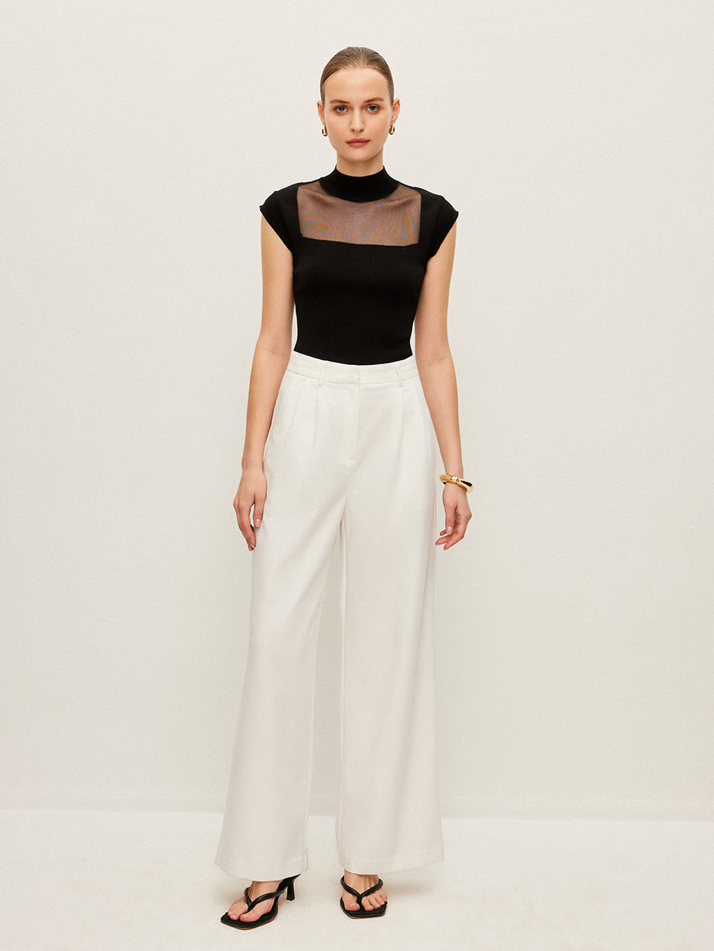 Mesh Panel Mock Neck Top