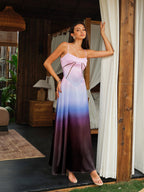 Gradient Print Satin Spaghetti Strap Scoop Neck Geometric Seam Maxi Dress