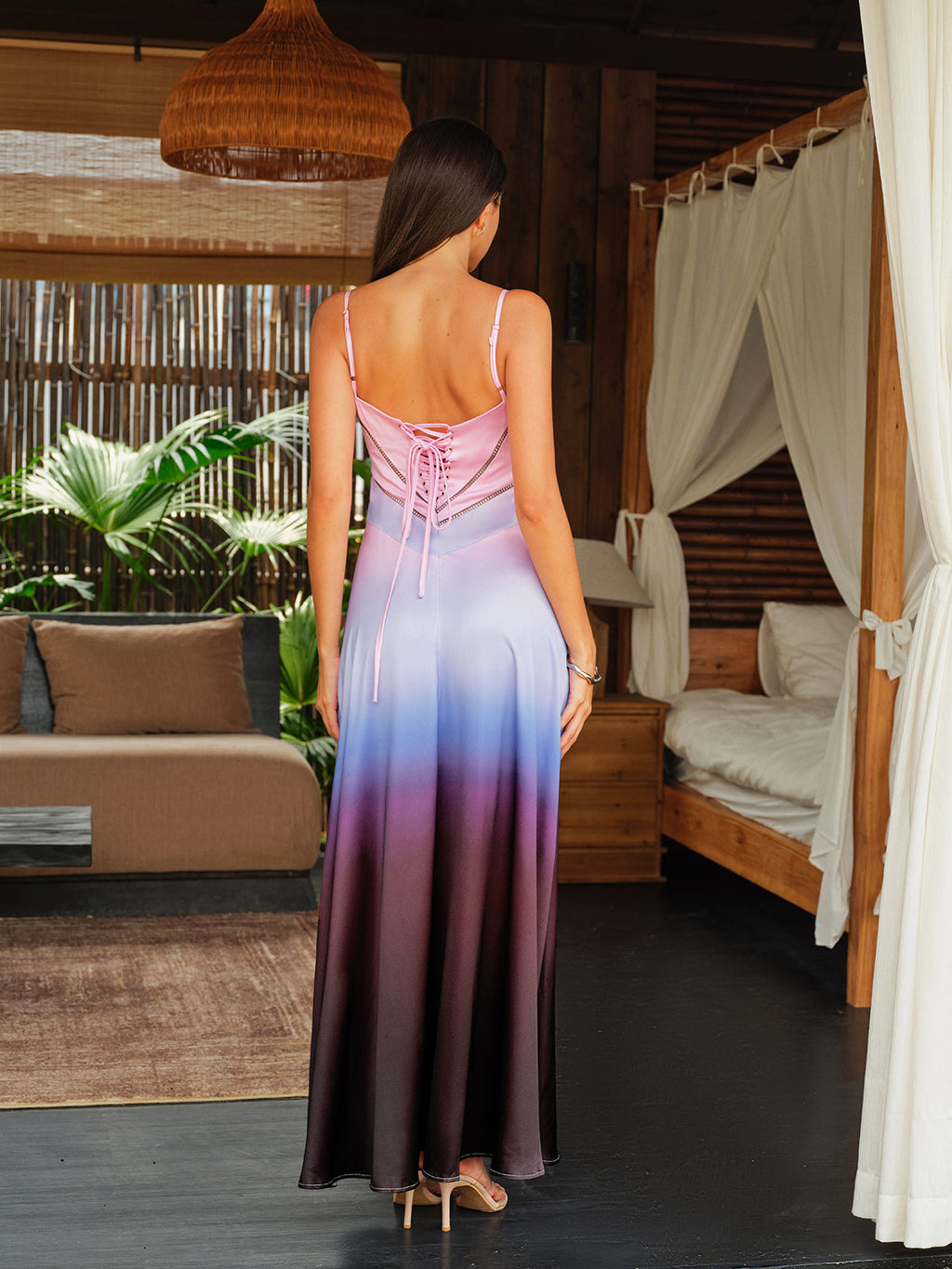 Gradient Print Satin Spaghetti Strap Scoop Neck Geometric Seam Maxi Dress