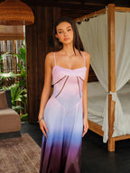 Gradient Print Satin Spaghetti Strap Scoop Neck Geometric Seam Maxi Dress