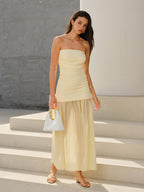 Strapless Ruched Longline Top Sheer Maxi Skirt Two Piece Set