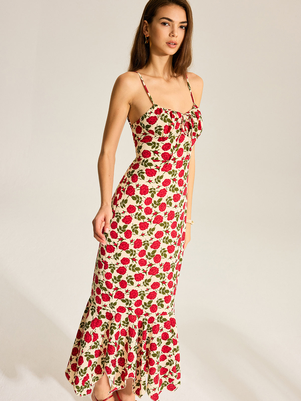 Spaghetti Strap Milkmaid Tie Neck Floral Mermaid Ruffle Hem Maxi Dress