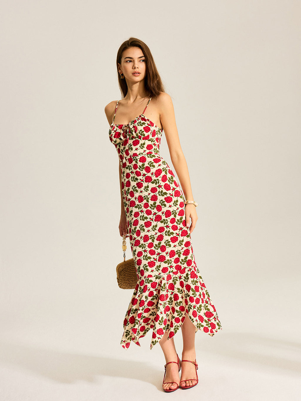 Spaghetti Strap Milkmaid Tie Neck Floral Mermaid Ruffle Hem Maxi Dress