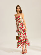 Spaghetti Strap Milkmaid Tie Neck Floral Mermaid Ruffle Hem Maxi Dress