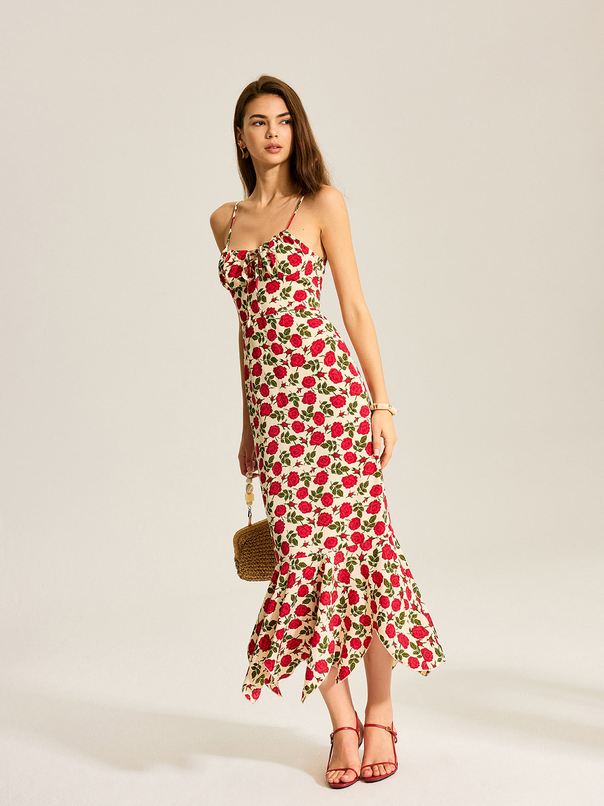 Spaghetti Strap Milkmaid Tie Neck Floral Mermaid Ruffle Hem Maxi Dress