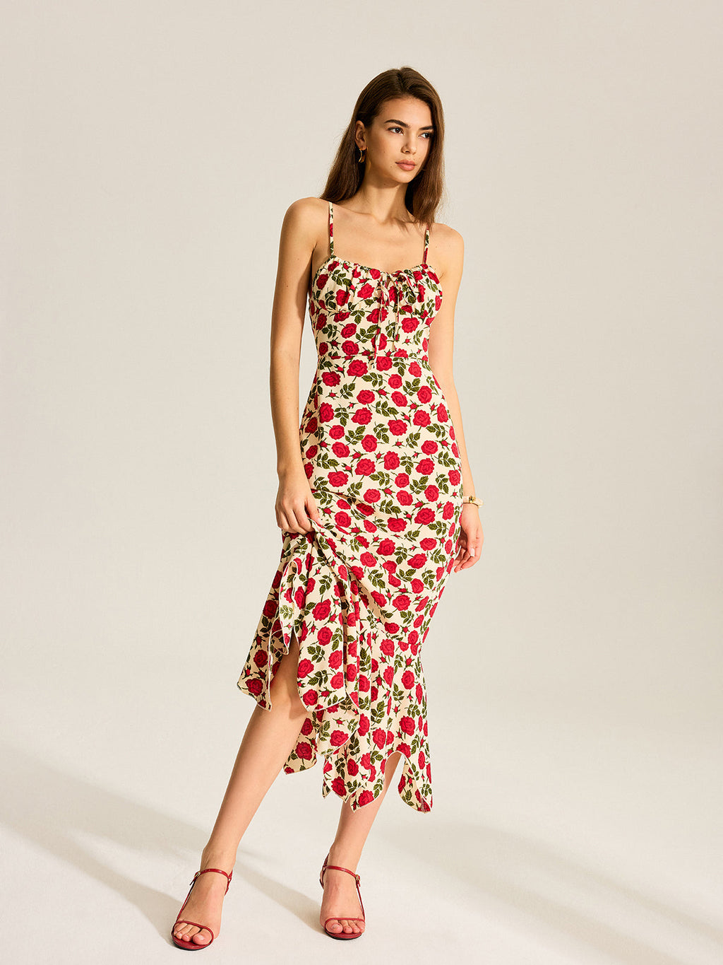 Spaghetti Strap Milkmaid Tie Neck Floral Mermaid Ruffle Hem Maxi Dress
