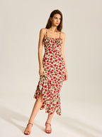 Spaghetti Strap Milkmaid Tie Neck Floral Mermaid Ruffle Hem Maxi Dress