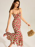 Spaghetti Strap Milkmaid Tie Neck Floral Mermaid Ruffle Hem Maxi Dress