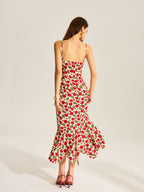 Spaghetti Strap Milkmaid Tie Neck Floral Mermaid Ruffle Hem Maxi Dress