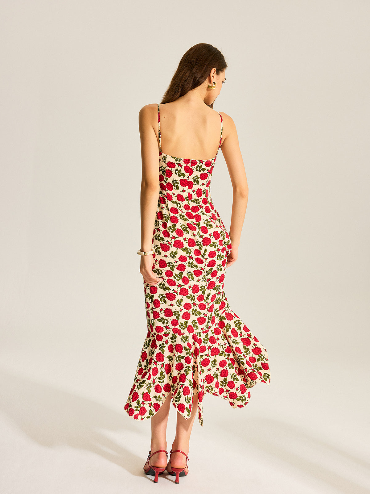 Spaghetti Strap Milkmaid Tie Neck Floral Mermaid Ruffle Hem Maxi Dress
