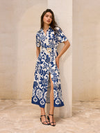 Floral Print Collar Button Front Belted Pocket Midi Shirt Dress
