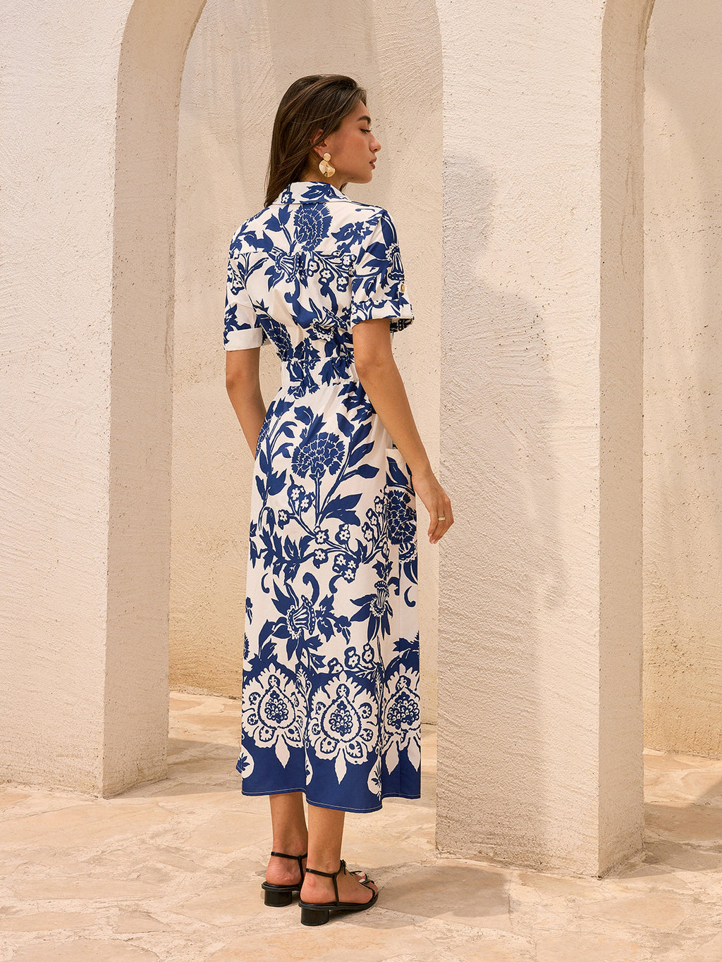 Floral Print Collar Button Front Belted Pocket Midi Shirt Dress