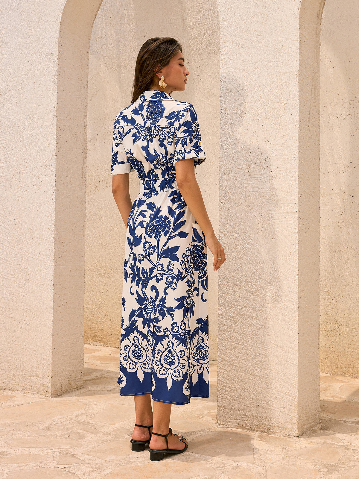 Floral Print Collar Button Front Belted Pocket Midi Shirt Dress