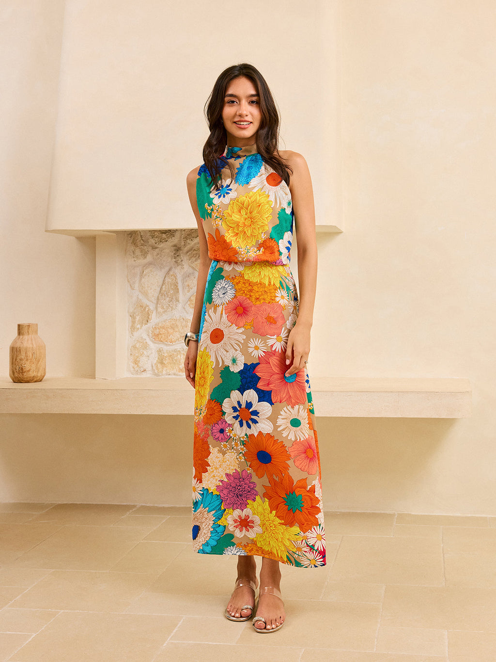 Mock Neck Sleeveless Oversized Floral Print Column Maxi Dress