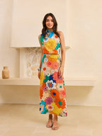 Mock Neck Sleeveless Oversized Floral Print Column Maxi Dress