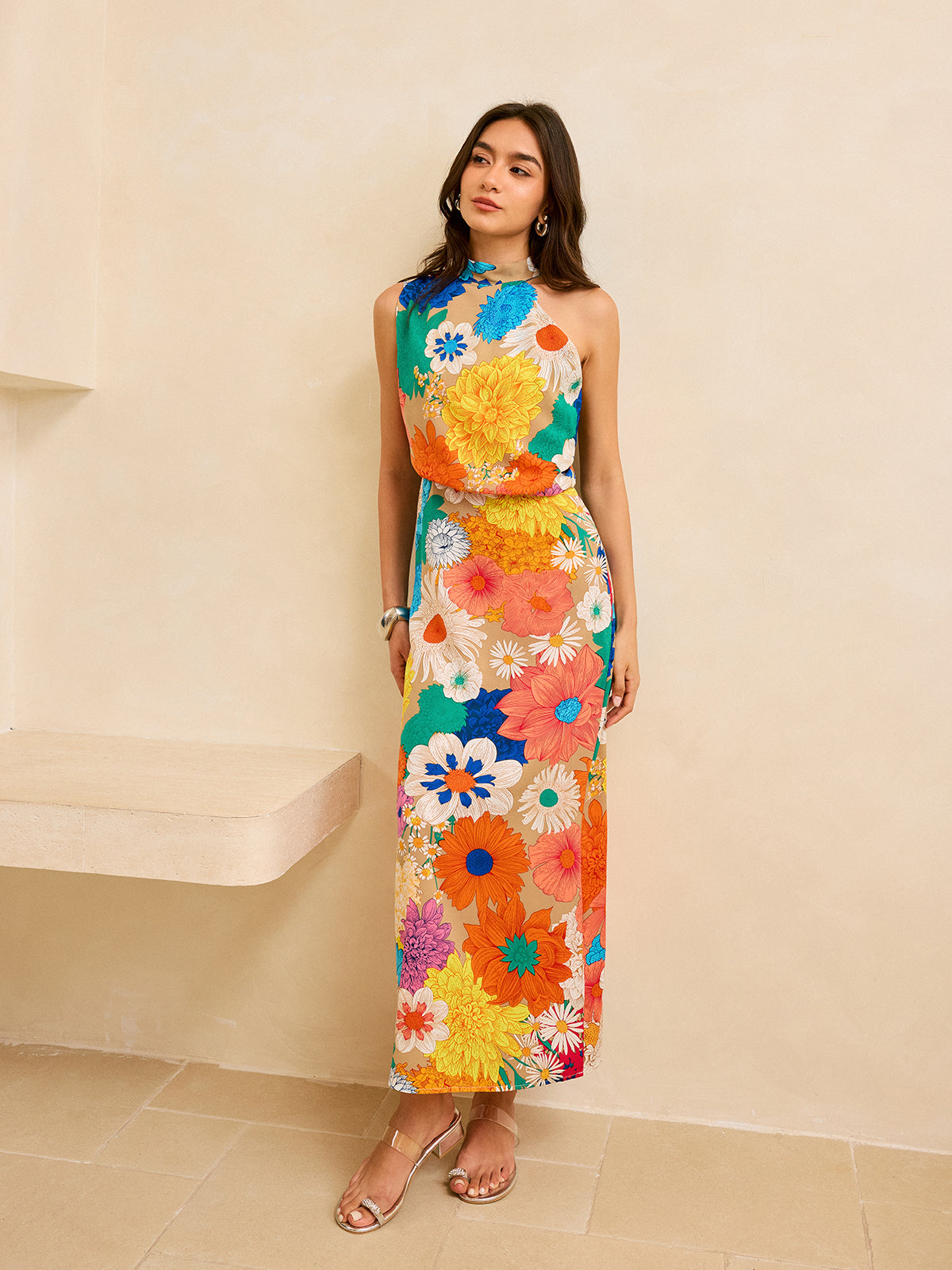 Mock Neck Sleeveless Oversized Floral Print Column Maxi Dress