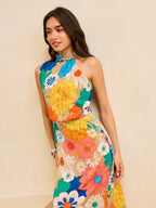 Mock Neck Sleeveless Oversized Floral Print Column Maxi Dress