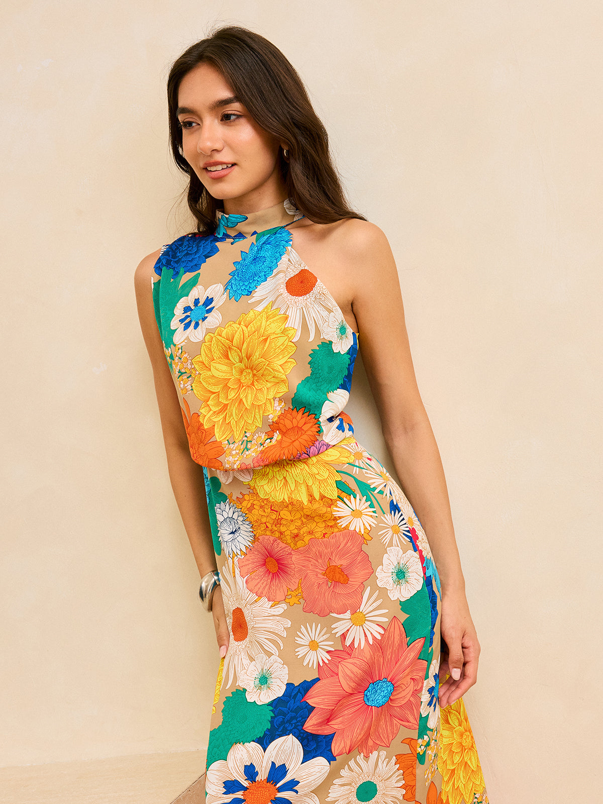 Mock Neck Sleeveless Oversized Floral Print Column Maxi Dress