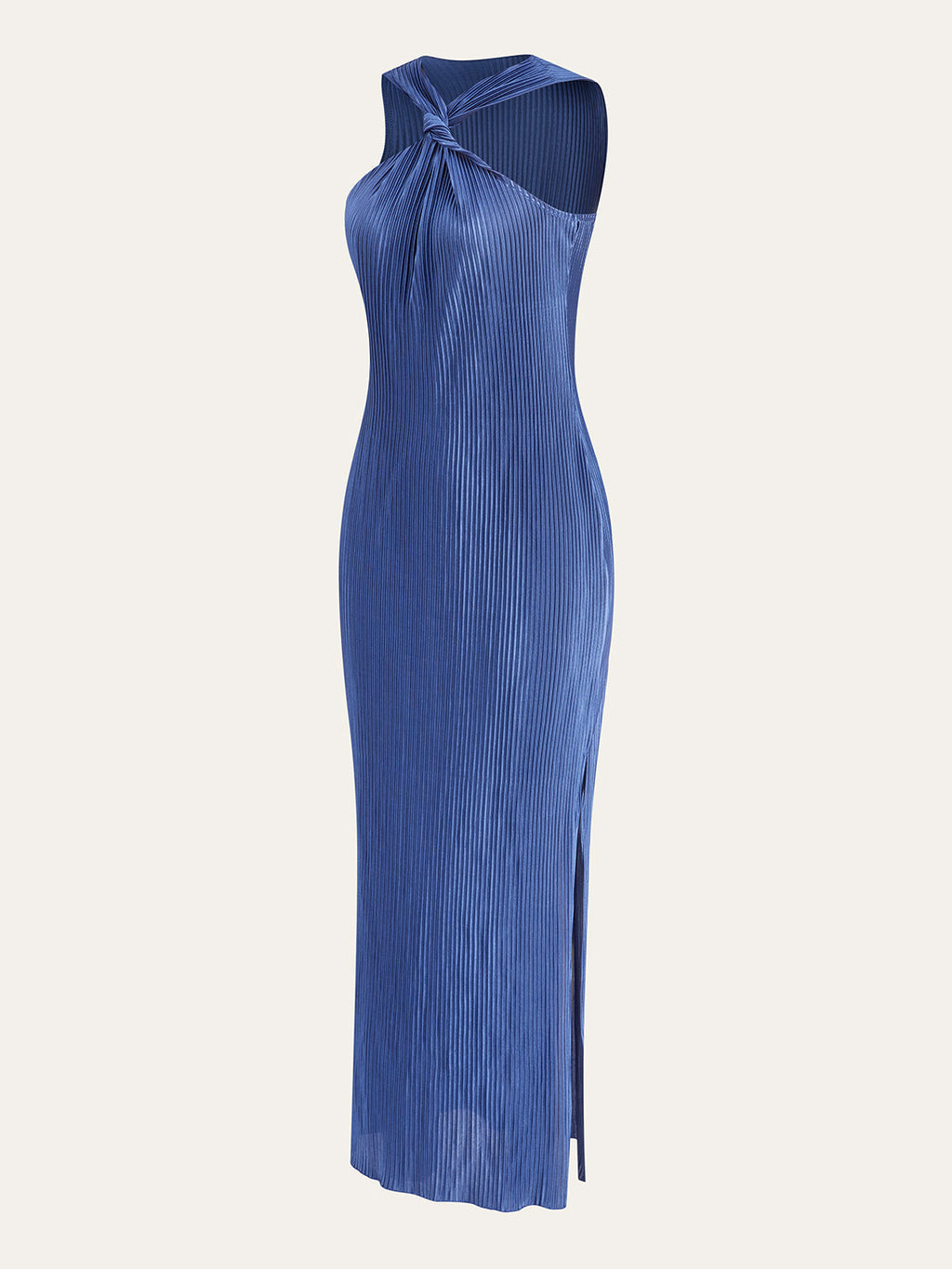 Twist Front Halter Neck Plisse Pleated Sleeveless Bodycon Maxi Dress