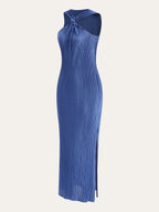 Twist Front Halter Neck Plisse Pleated Sleeveless Bodycon Maxi Dress