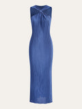 Twist Front Halter Neck Plisse Pleated Sleeveless Bodycon Maxi Dress