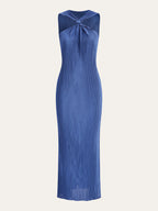 Twist Front Halter Neck Plisse Pleated Sleeveless Bodycon Maxi Dress