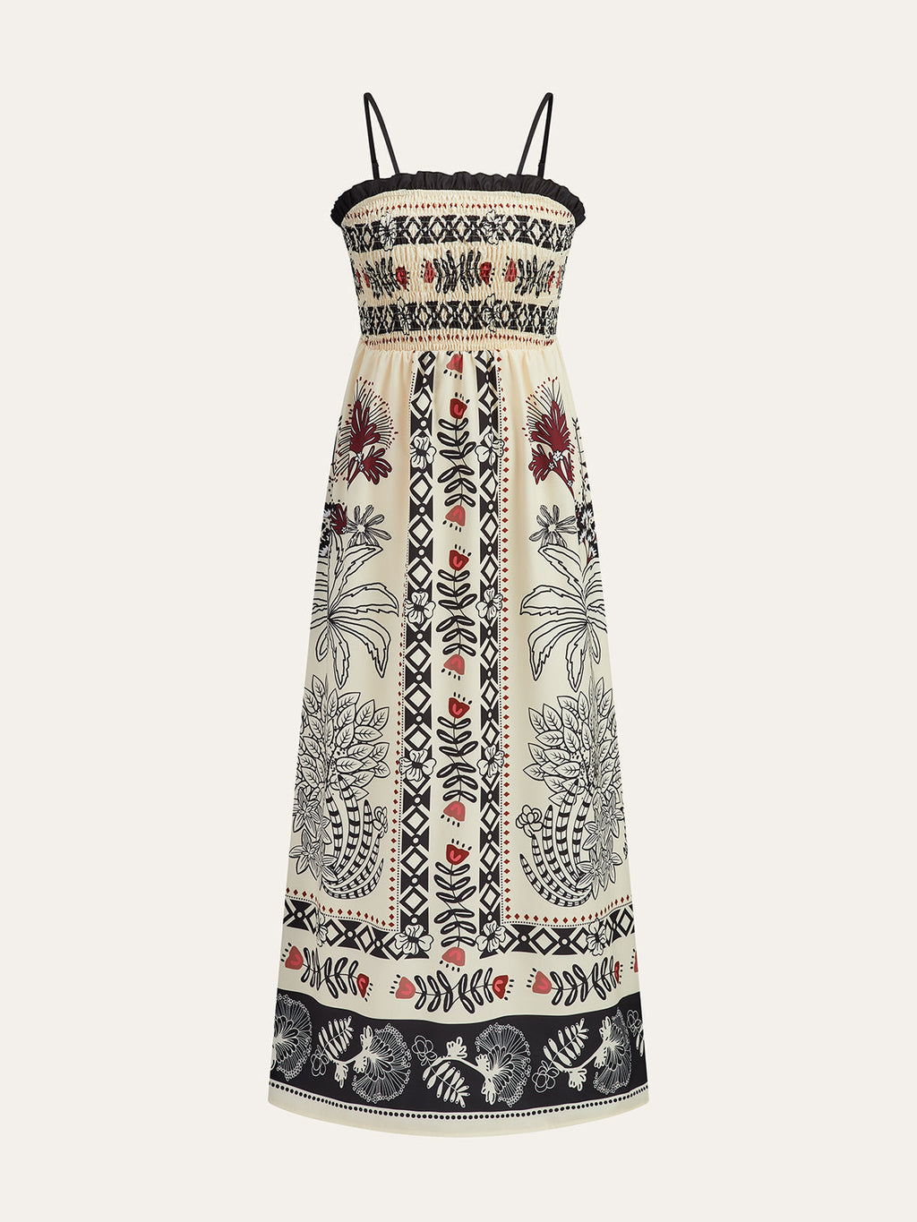 Geometric Botanical Print Smocked Bodice Spaghetti Strap Maxi Dress