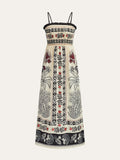 Geometric Botanical Print Smocked Bodice Spaghetti Strap Maxi Dress