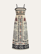 Geometric Botanical Print Smocked Bodice Spaghetti Strap Maxi Dress