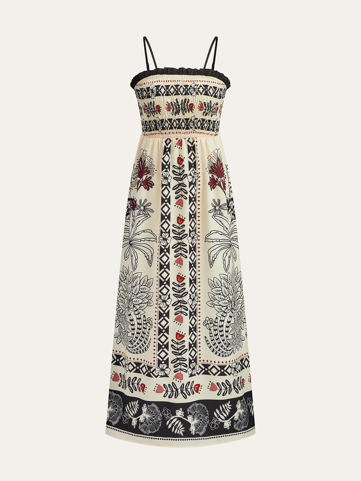 Geometric Botanical Print Smocked Bodice Spaghetti Strap Maxi Dress