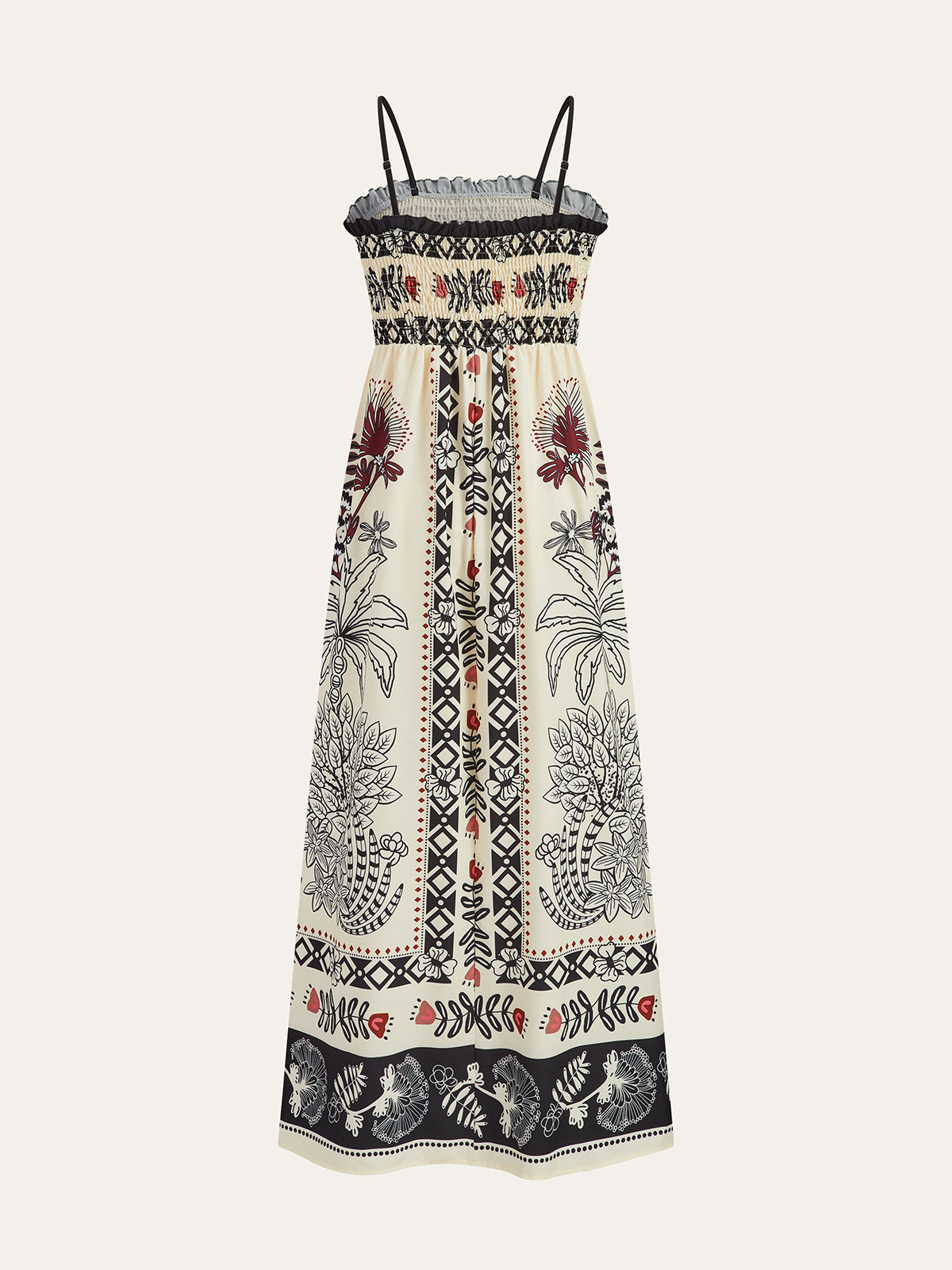 Geometric Botanical Print Smocked Bodice Spaghetti Strap Maxi Dress