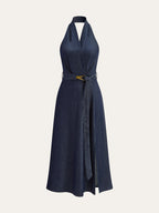 Navy Denim Belted Halter Neck Midi Dress