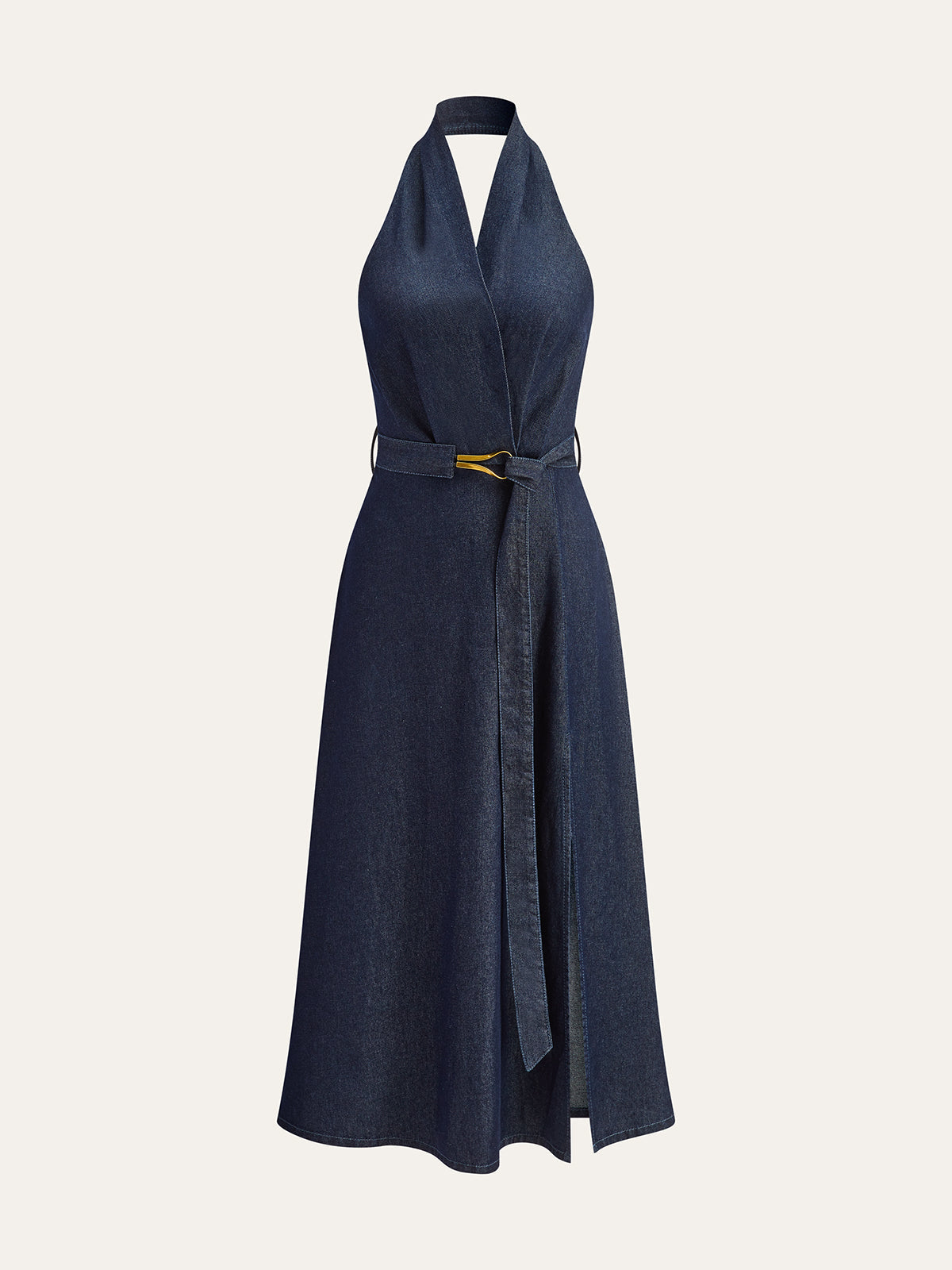 Navy Denim Belted Halter Neck Midi Dress
