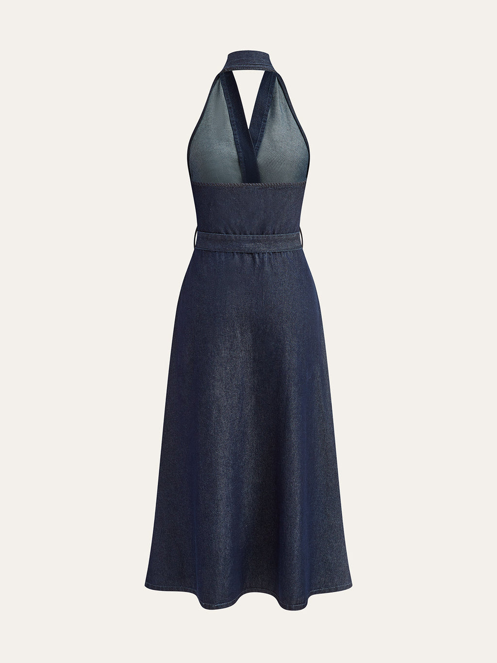 Navy Denim Belted Halter Neck Midi Dress