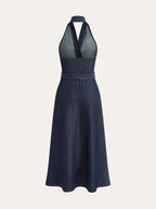 Navy Denim Belted Halter Neck Midi Dress