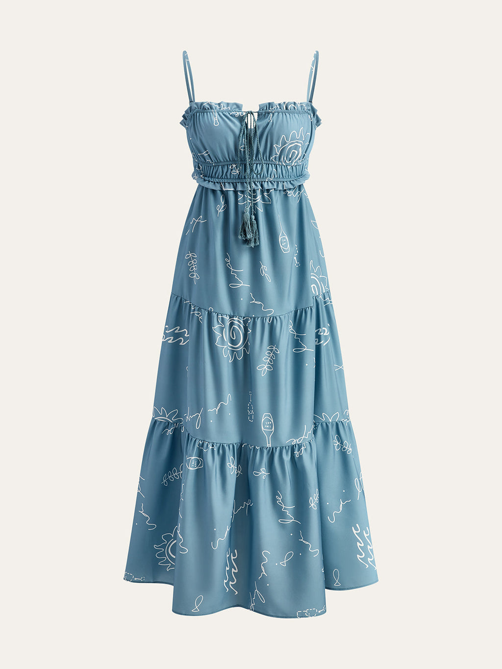 Doodle Print Tie Front Tassel Spaghetti Strap Tiered Maxi Dress