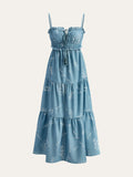 Doodle Print Tie Front Tassel Spaghetti Strap Tiered Maxi Dress