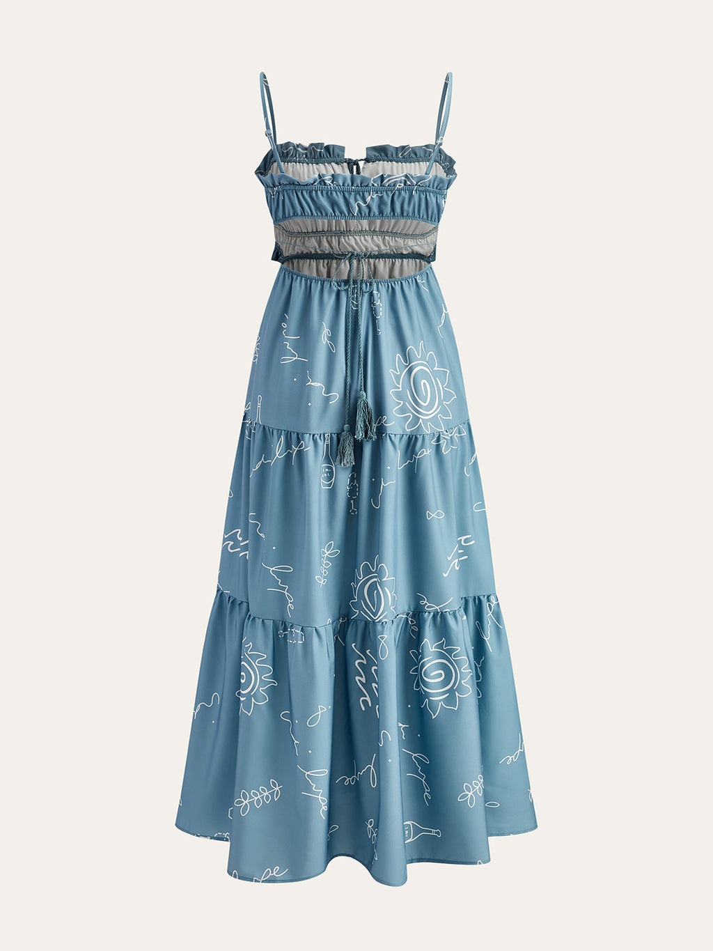 Doodle Print Tie Front Tassel Spaghetti Strap Tiered Maxi Dress
