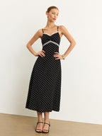 Polka Dot Lace Trim Spaghetti Strap Midi Dress