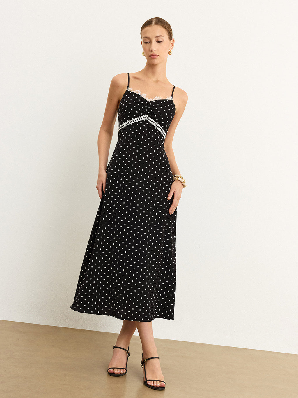 Polka Dot Lace Trim Spaghetti Strap Midi Dress
