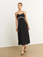 Polka Dot Lace Trim Spaghetti Strap Midi Dress