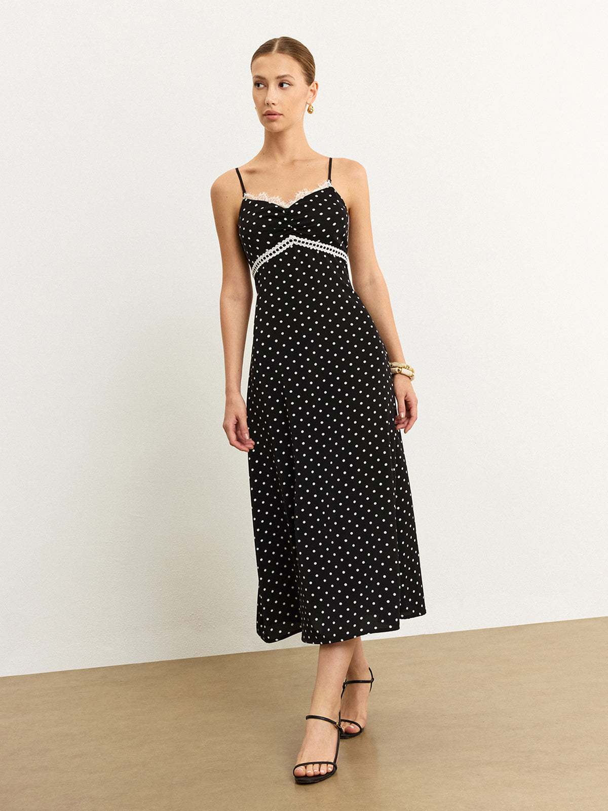 Polka Dot Lace Trim Spaghetti Strap Midi Dress