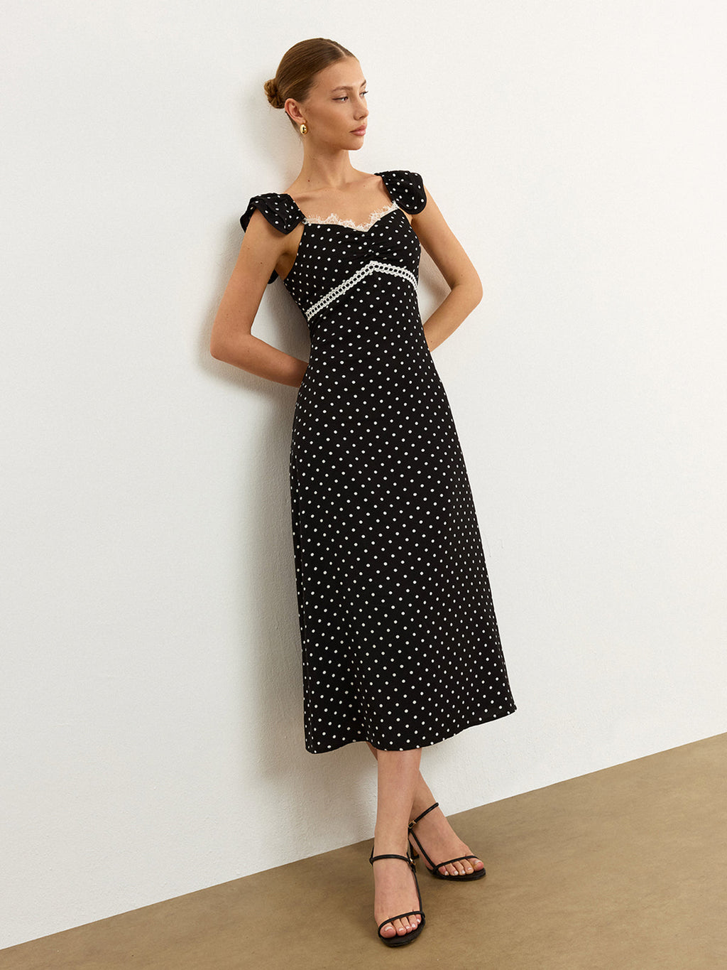 Polka Dot Lace Trim Spaghetti Strap Midi Dress