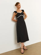 Polka Dot Lace Trim Spaghetti Strap Midi Dress