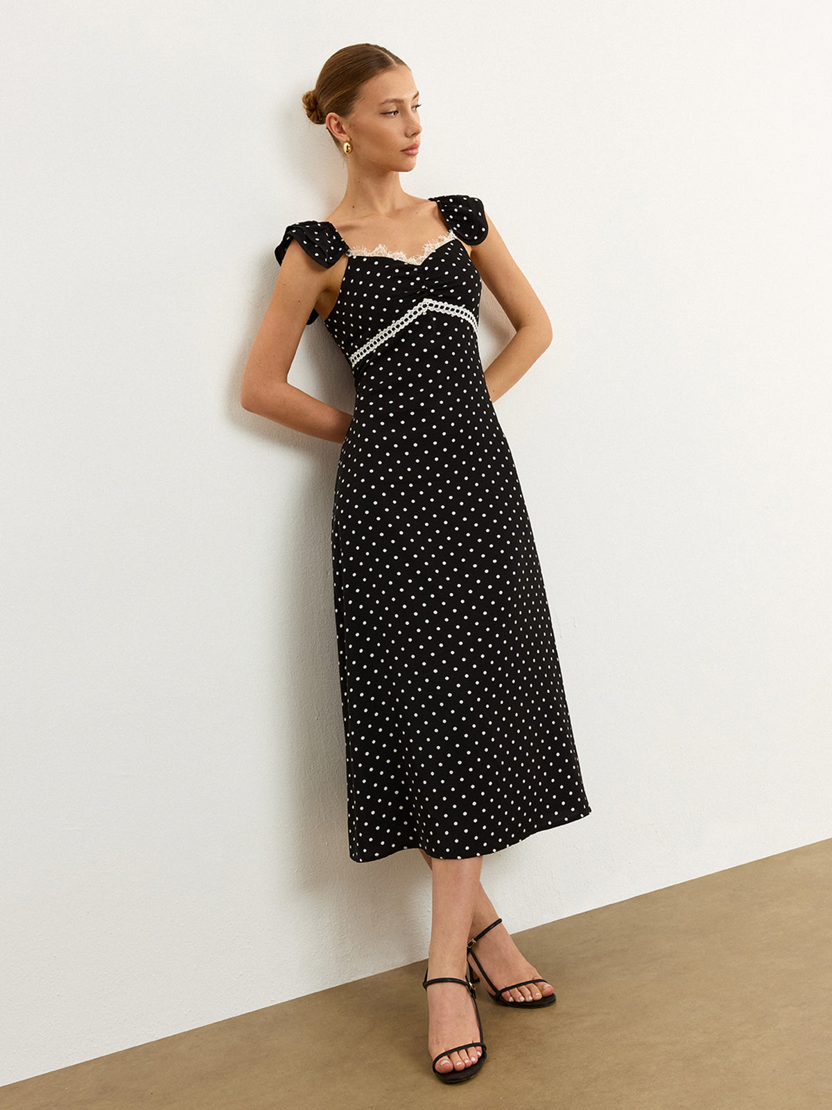 Polka Dot Lace Trim Spaghetti Strap Midi Dress