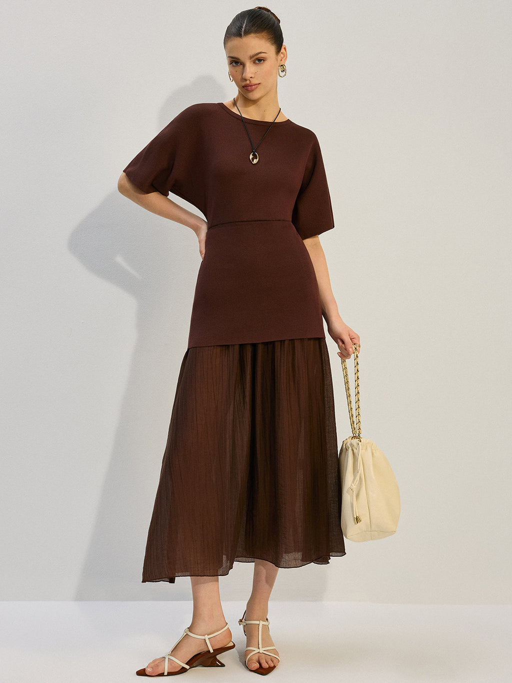 Dolman Sleeve Knit Bodice Pleated Midi Dress