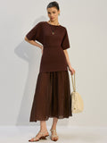 Dolman Sleeve Knit Bodice Pleated Midi Dress