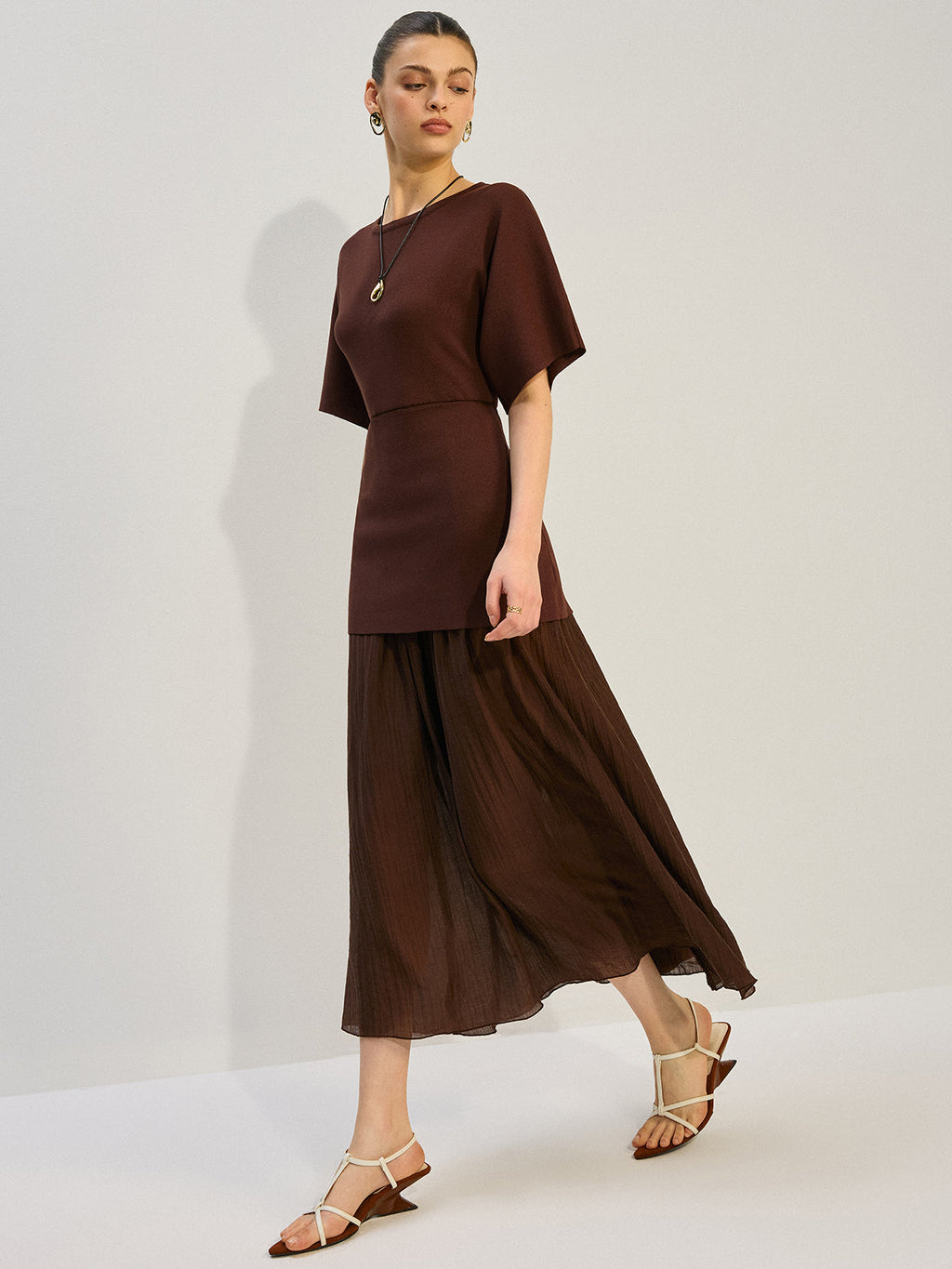 Dolman Sleeve Knit Bodice Pleated Midi Dress