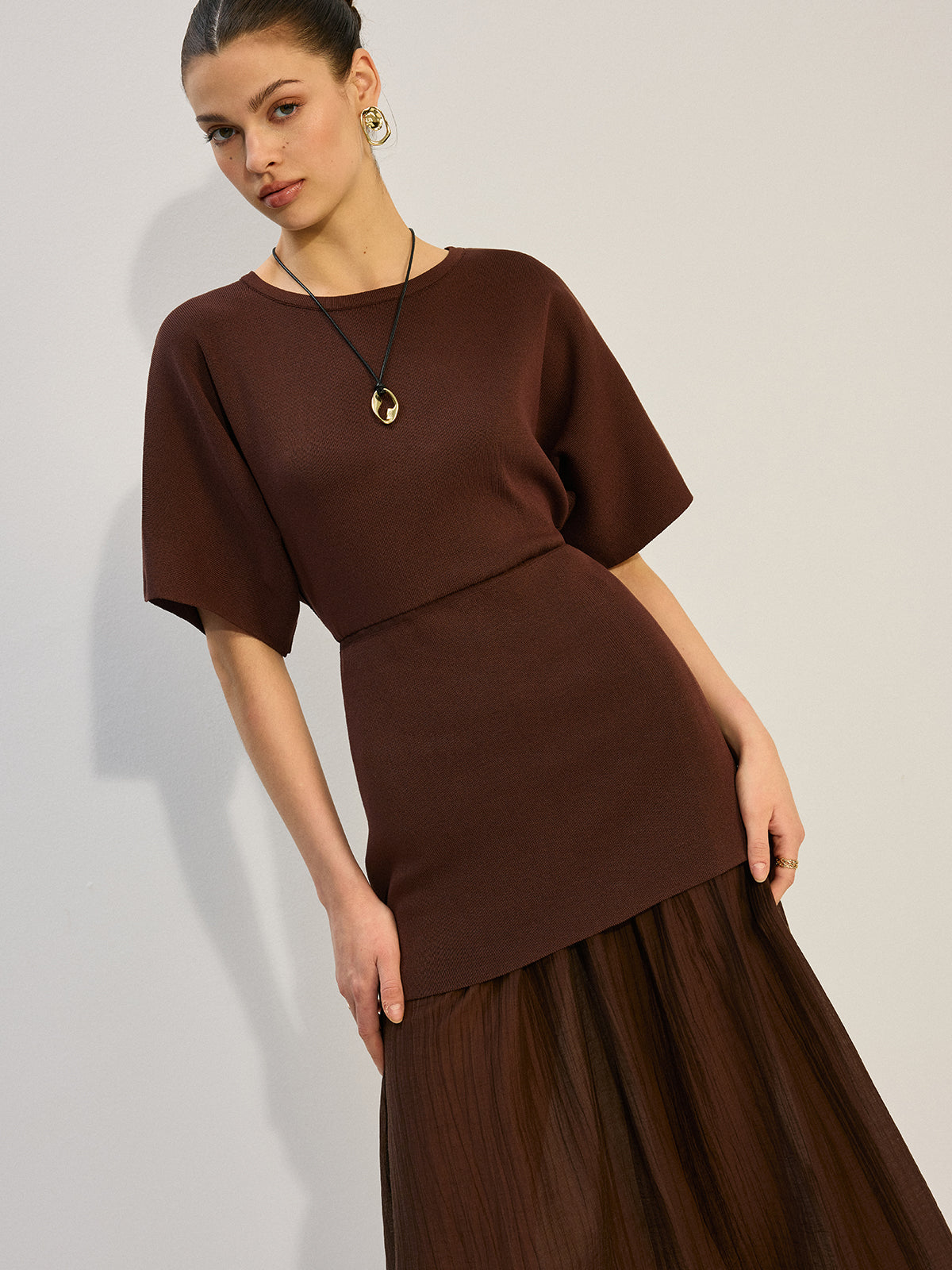 Dolman Sleeve Knit Bodice Pleated Midi Dress