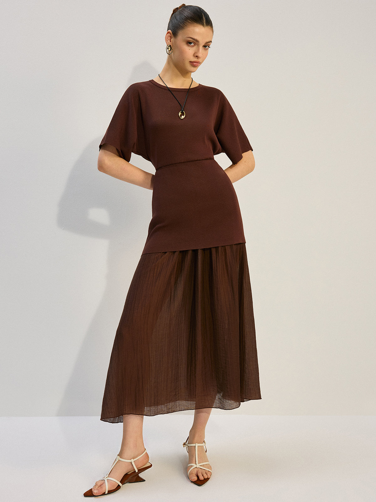 Dolman Sleeve Knit Bodice Pleated Midi Dress